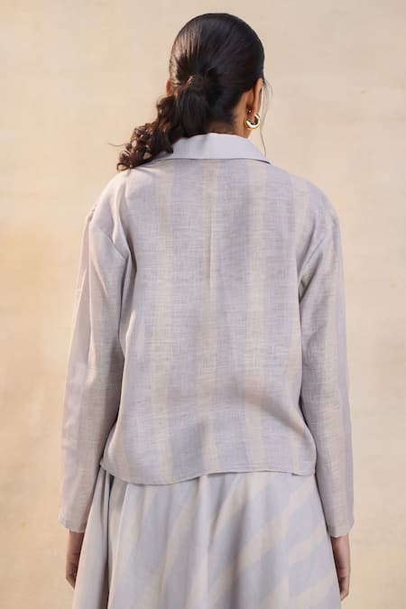 Shop Vedika M Gray Cotton, Linen Split V-neck Striped Skirt Set at Aza Fashions Shop_Vedika M_Gray Cotton, Linen Split V-neck Striped Skirt Set _at_Aza_Fashions