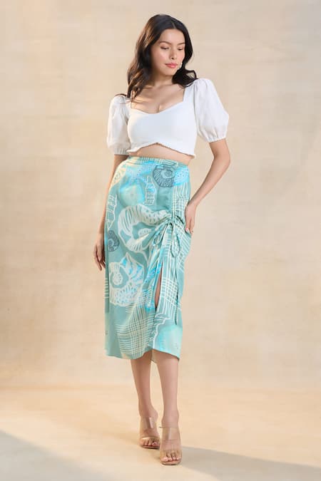 Vedika M White Linen, Satin Square Neck Blue Ocean Drawstring Skirt Set 