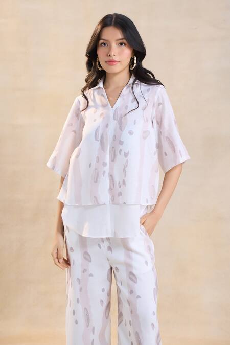 Vedika M White Cotton, Linen Collared Waterdrop Print Pant Set Online at Aza Fashions Vedika M_White Cotton, Linen Collared Waterdrop Print Pant Set _Online_at_Aza_Fashions