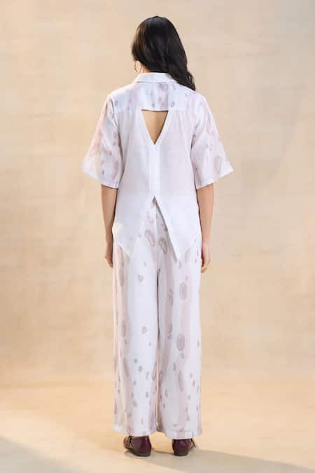 Shop Vedika M White Cotton, Linen Collared Waterdrop Print Pant Set at Aza Fashions Shop_Vedika M_White Cotton, Linen Collared Waterdrop Print Pant Set _at_Aza_Fashions