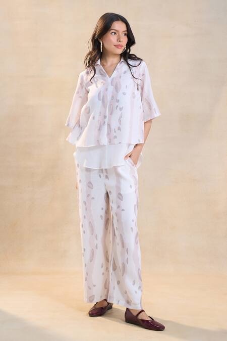 Shop Vedika M White Cotton, Linen Collared Waterdrop Print Pant Set Online at Aza Fashions Shop_Vedika M_White Cotton, Linen Collared Waterdrop Print Pant Set _Online_at_Aza_Fashions