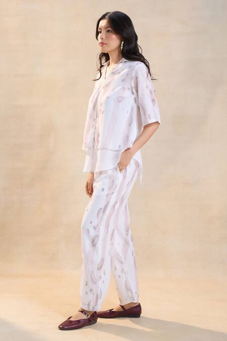 Vedika M White Cotton, Linen Collared Waterdrop Print Pant Set at Aza Fashions Vedika M_White Cotton, Linen Collared Waterdrop Print Pant Set _at_Aza_Fashions