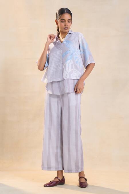 Vedika M Gray Cotton, Linen Embroidery Collared, V-neck Underwater Co-ord Pant Set Online at Aza Fashions Vedika M_Gray Cotton, Linen Embroidery Collared, V-neck Underwater Co-ord Pant Set _Online_at_Aza_Fashions
