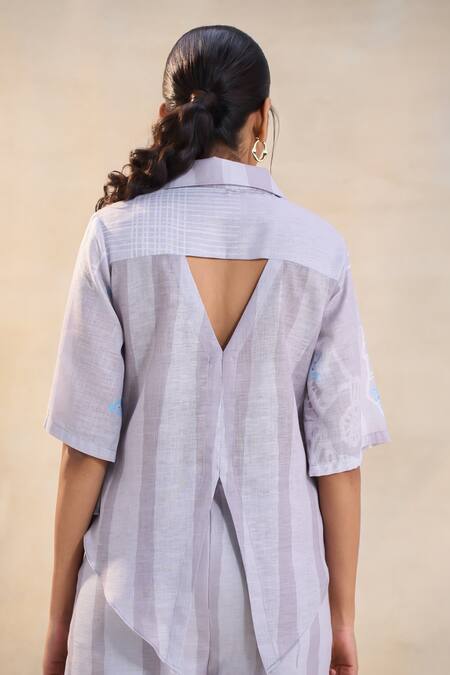 Shop Vedika M Gray Cotton, Linen Embroidery Collared, V-neck Underwater Co-ord Pant Set Online at Aza Fashions Shop_Vedika M_Gray Cotton, Linen Embroidery Collared, V-neck Underwater Co-ord Pant Set _Online_at_Aza_Fashions