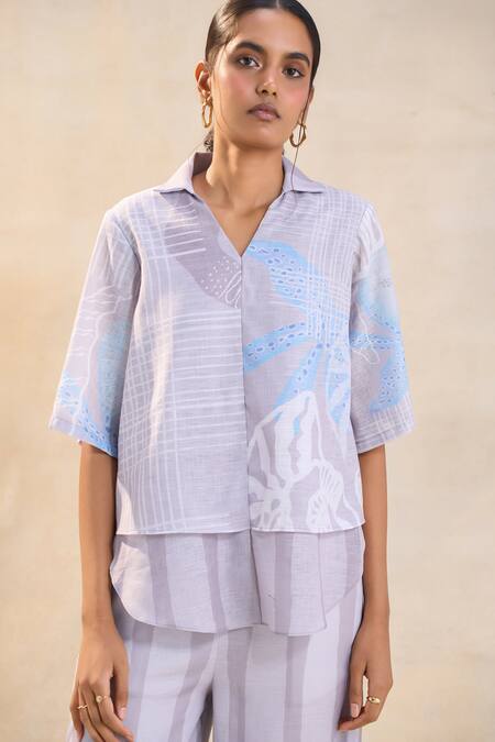 Vedika M Gray Cotton, Linen Embroidery Collared, V-neck Underwater Co-ord Pant Set at Aza Fashions Vedika M_Gray Cotton, Linen Embroidery Collared, V-neck Underwater Co-ord Pant Set _at_Aza_Fashions