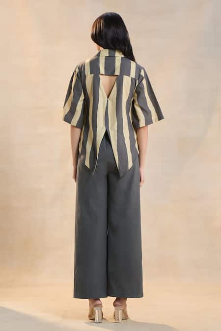 Shop Vedika M Multi Color Linen Collared Striped Noon Set at Aza Fashions Shop_Vedika M_Multi Color Linen Collared Striped Noon Set _at_Aza_Fashions