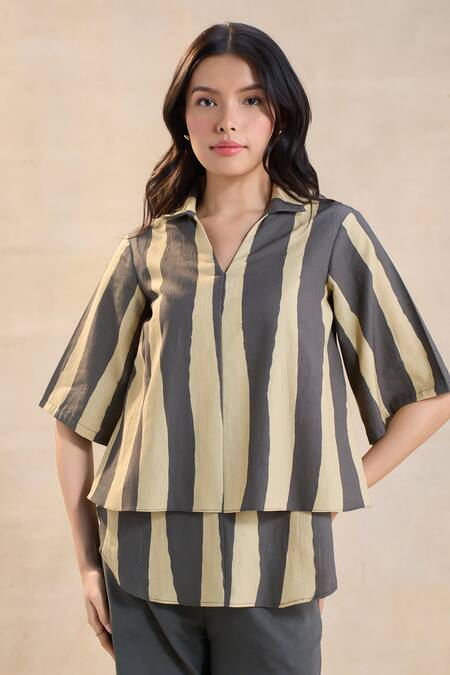 Vedika M Multi Color Linen Collared Striped Noon Set Online at Aza Fashions Vedika M_Multi Color Linen Collared Striped Noon Set _Online_at_Aza_Fashions