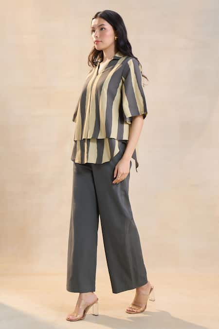 Buy Vedika M Multi Color Linen Collared Striped Noon Set Online at Aza Fashions Buy_Vedika M_Multi Color Linen Collared Striped Noon Set _Online_at_Aza_Fashions