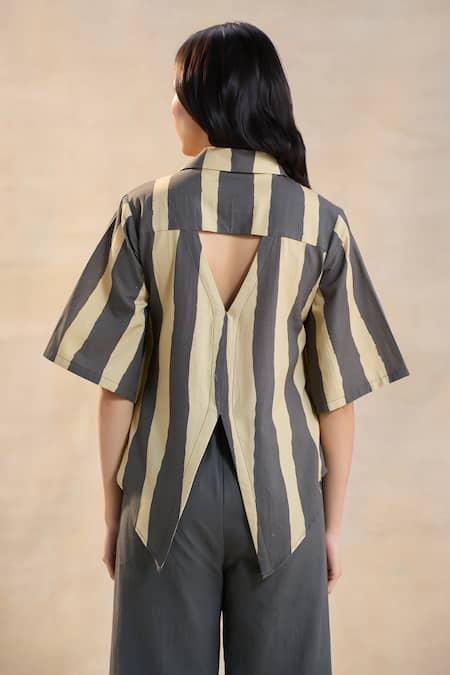 Shop Vedika M Multi Color Linen Collared Striped Noon Set Online at Aza Fashions Shop_Vedika M_Multi Color Linen Collared Striped Noon Set _Online_at_Aza_Fashions