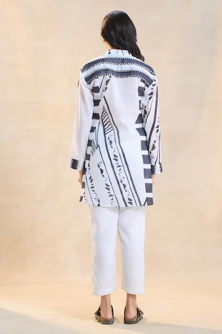 Shop Vedika M White Cotton, Linen Collared Chevron Shell Shirt Set at Aza Fashions Shop_Vedika M_White Cotton, Linen Collared Chevron Shell Shirt Set _at_Aza_Fashions