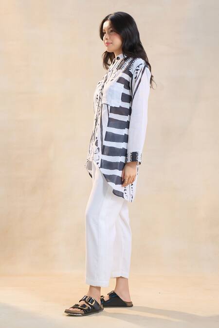 Buy Vedika M White Cotton, Linen Collared Chevron Shell Shirt Set Online at Aza Fashions Buy_Vedika M_White Cotton, Linen Collared Chevron Shell Shirt Set _Online_at_Aza_Fashions