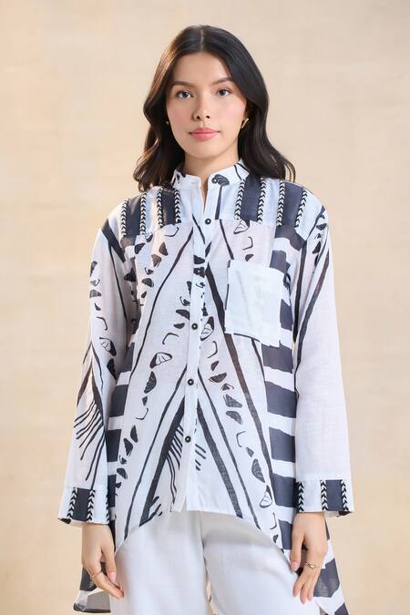 Shop Vedika M White Cotton, Linen Collared Chevron Shell Shirt Set Online at Aza Fashions Shop_Vedika M_White Cotton, Linen Collared Chevron Shell Shirt Set _Online_at_Aza_Fashions