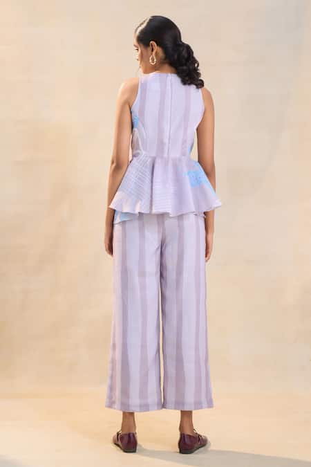 Shop Vedika M Gray Cotton, Linen Round Neck Underwater Peplum Top And Pant Set at Aza Fashions Shop_Vedika M_Gray Cotton, Linen Round Neck Underwater Peplum Top And Pant Set _at_Aza_Fashions