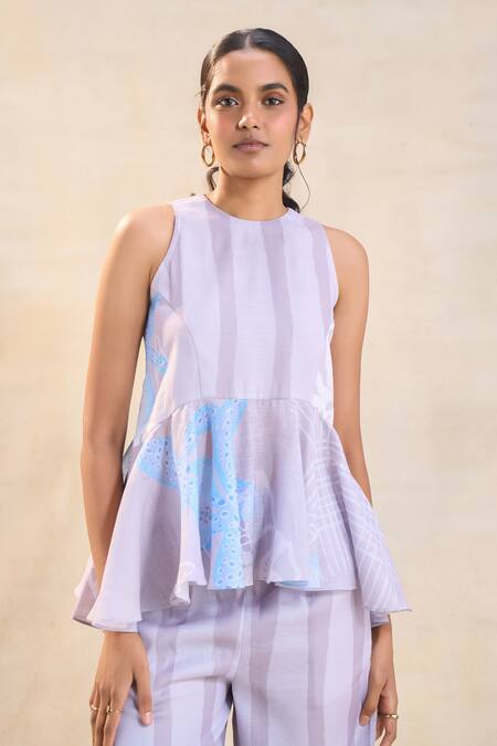 Buy Vedika M Gray Cotton, Linen Round Neck Underwater Peplum Top And Pant Set Online at Aza Fashions Buy_Vedika M_Gray Cotton, Linen Round Neck Underwater Peplum Top And Pant Set _Online_at_Aza_Fashions