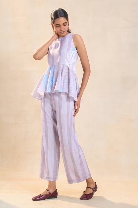 Vedika M Gray Cotton, Linen Round Neck Underwater Peplum Top And Pant Set at Aza Fashions Vedika M_Gray Cotton, Linen Round Neck Underwater Peplum Top And Pant Set _at_Aza_Fashions