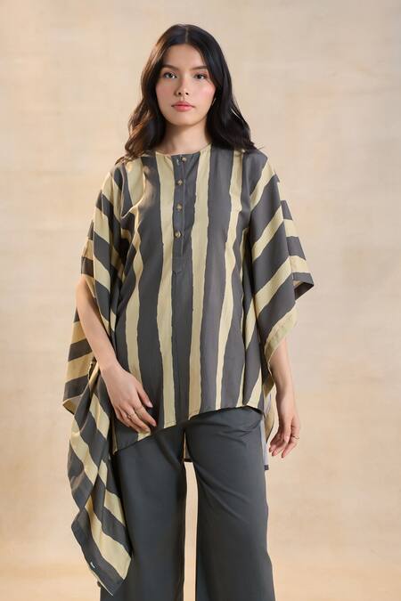 Shop Vedika M Brown Linen Round Neck Striped Noon Kaftan Set Online at Aza Fashions Shop_Vedika M_Brown Linen Round Neck Striped Noon Kaftan Set _Online_at_Aza_Fashions