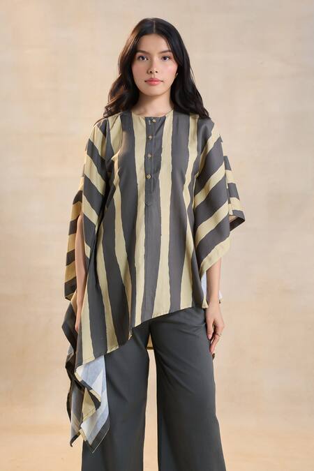 Vedika M Brown Linen Round Neck Striped Noon Kaftan Set at Aza Fashions Vedika M_Brown Linen Round Neck Striped Noon Kaftan Set _at_Aza_Fashions