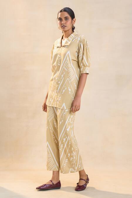 Vedika M_Tan Linen Collared Khaki Chevron Shell Shirt Set _Online_at_Aza_Fashions