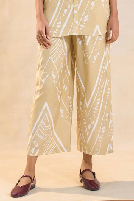 Buy_Vedika M_Tan Linen Collared Khaki Chevron Shell Shirt Set _Online_at_Aza_Fashions