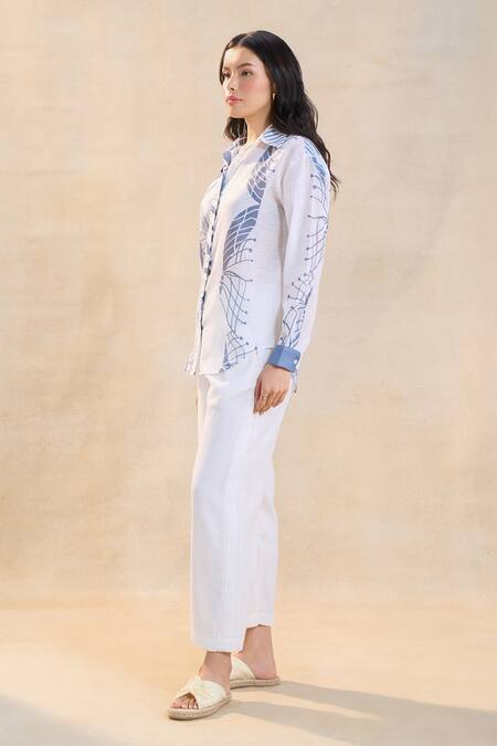 Vedika M_Gray Cotton, Linen Collared Designer Jelly Fish Pant Set _Online_at_Aza_Fashions