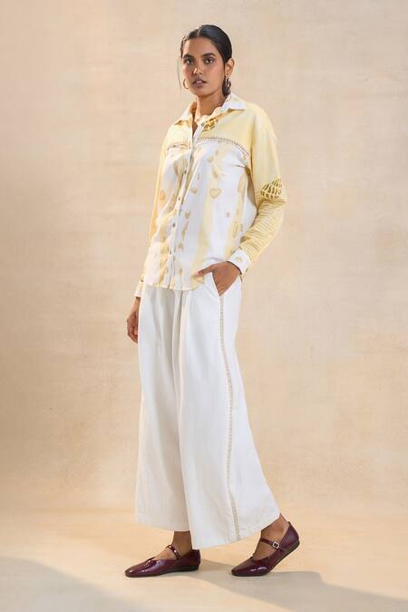 Buy Vedika M Yellow Cotton, Linen Embroidery Collared Waterdrop Shirt Set Online at Aza Fashions Buy_Vedika M_Yellow Cotton, Linen Embroidery Collared Waterdrop Shirt Set _Online_at_Aza_Fashions