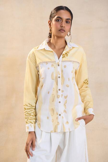 Shop Vedika M Yellow Cotton, Linen Embroidery Collared Waterdrop Shirt Set Online at Aza Fashions Shop_Vedika M_Yellow Cotton, Linen Embroidery Collared Waterdrop Shirt Set _Online_at_Aza_Fashions