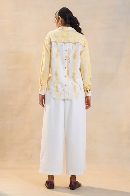 Shop Vedika M Yellow Cotton, Linen Embroidery Collared Waterdrop Shirt Set at Aza Fashions Shop_Vedika M_Yellow Cotton, Linen Embroidery Collared Waterdrop Shirt Set _at_Aza_Fashions