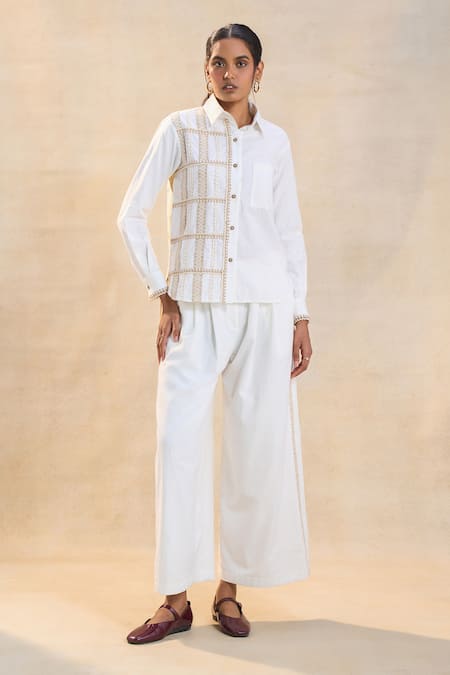 Vedika M White Linen Embroidery Collared Designer Sundowner Pant Set 