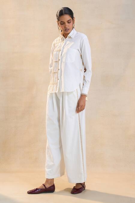 Buy Vedika M White Linen Embroidery Collared Designer Sundowner Pant Set Online at Aza Fashions Buy_Vedika M_White Linen Embroidery Collared Designer Sundowner Pant Set _Online_at_Aza_Fashions