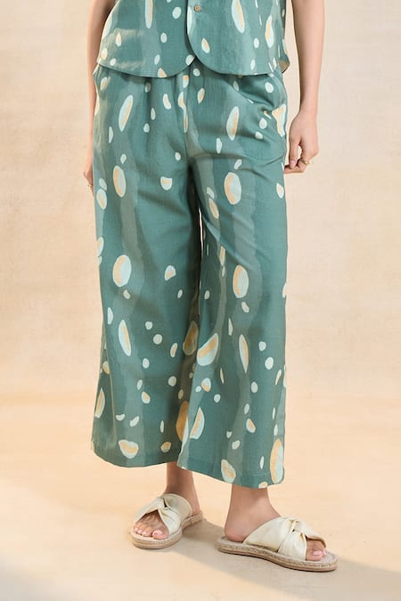 Buy Vedika M Green Linen Collared Waterdrop Print Co-ord Pant Set Online at Aza Fashions Buy_Vedika M_Green Linen Collared Waterdrop Print Co-ord Pant Set _Online_at_Aza_Fashions