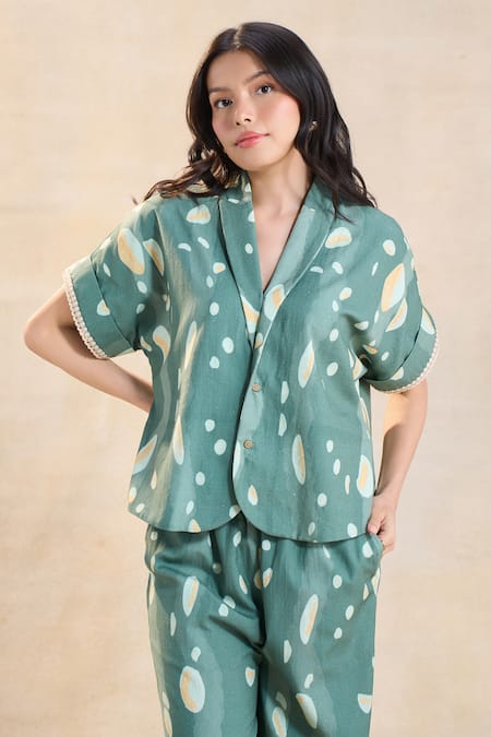 Shop Vedika M Green Linen Collared Waterdrop Print Co-ord Pant Set Online at Aza Fashions Shop_Vedika M_Green Linen Collared Waterdrop Print Co-ord Pant Set _Online_at_Aza_Fashions