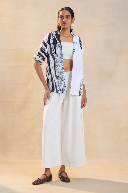 Vedika M White Cotton, Linen Open Neck Designer Jellyfish Everyday Pant Set 