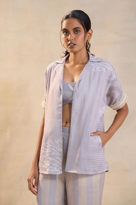 Buy Vedika M Gray Cotton, Linen Collared, Round Neck Grey Pant Set Online at Aza Fashions Buy_Vedika M_Gray Cotton, Linen Collared, Round Neck Grey Pant Set _Online_at_Aza_Fashions