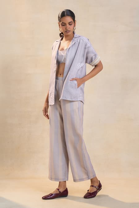 Shop Vedika M Gray Cotton, Linen Collared, Round Neck Grey Pant Set Online at Aza Fashions Shop_Vedika M_Gray Cotton, Linen Collared, Round Neck Grey Pant Set _Online_at_Aza_Fashions