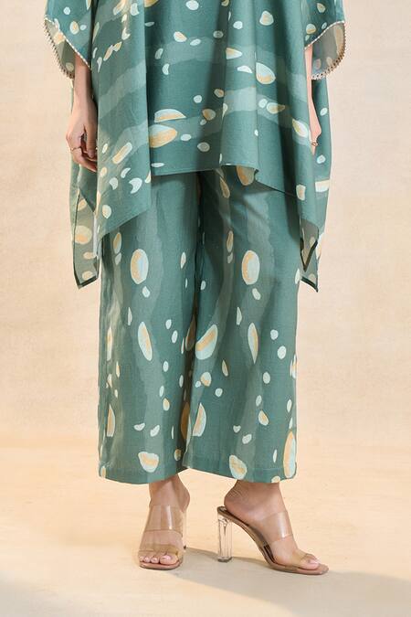 Shop Vedika M Green Linen V-neck Waterdrop Print Kaftan Set Online at Aza Fashions Shop_Vedika M_Green Linen V-neck Waterdrop Print Kaftan Set _Online_at_Aza_Fashions