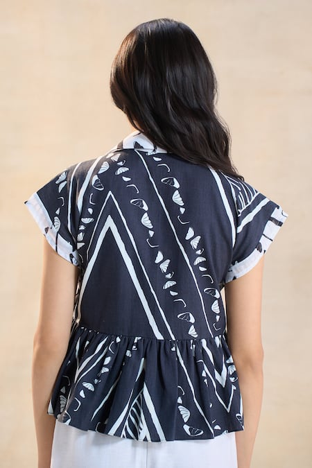 Shop Vedika M Black Linen Collared Chevron Shell Peplum Top at Aza Fashions Shop_Vedika M_Black Linen Collared Chevron Shell Peplum Top _at_Aza_Fashions