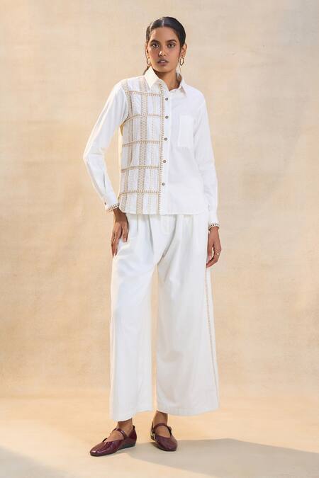 Vedika M_White Linen Embroidery Collared Sundowner Flex Shirt _Online_at_Aza_Fashions