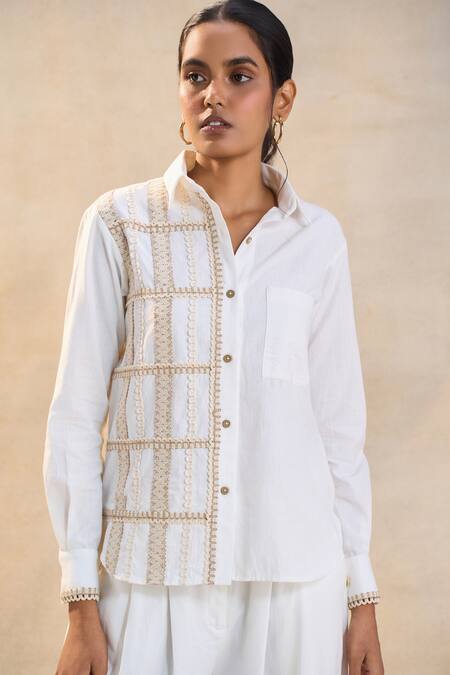 Buy_Vedika M_White Linen Embroidery Collared Sundowner Flex Shirt _Online_at_Aza_Fashions