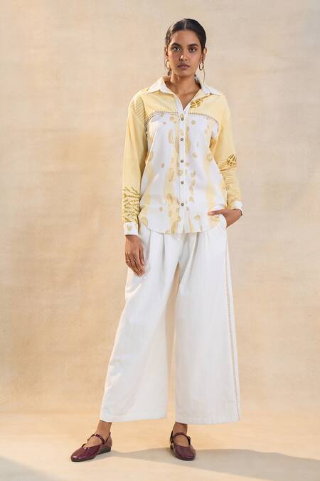 Vedika M Yellow Linen Embroidery Collared Waterdrop Shirt Online at Aza Fashions Vedika M_Yellow Linen Embroidery Collared Waterdrop Shirt _Online_at_Aza_Fashions