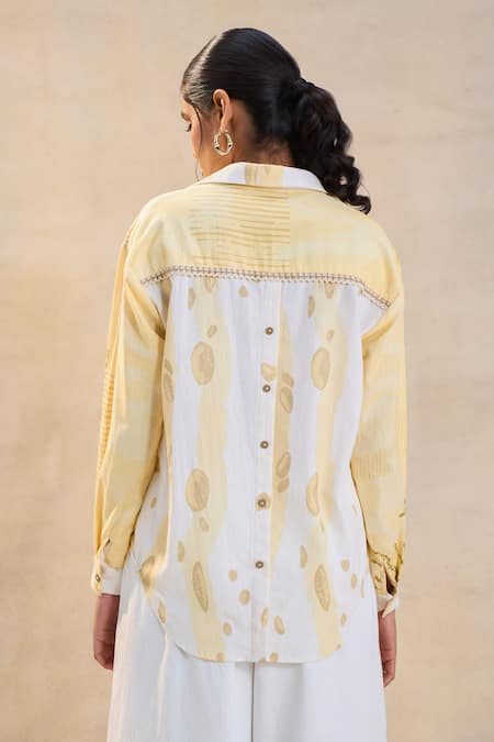 Shop Vedika M Yellow Linen Embroidery Collared Waterdrop Shirt at Aza Fashions Shop_Vedika M_Yellow Linen Embroidery Collared Waterdrop Shirt _at_Aza_Fashions