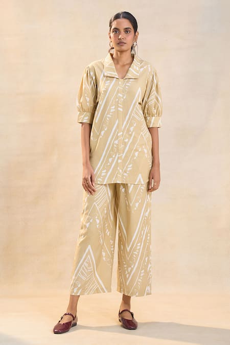 Vedika M_Beige Linen, Cotton Collared Khaki Chevron Shell Shirt _Online_at_Aza_Fashions