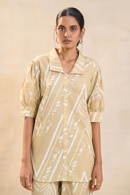 Vedika M Beige Linen, Cotton Collared Khaki Chevron Shell Shirt 