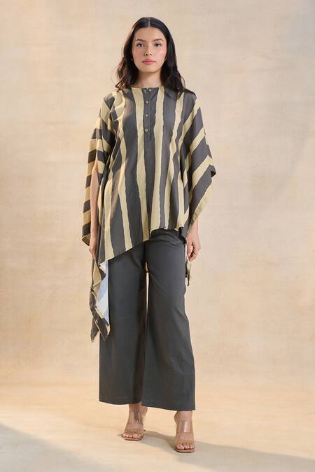 Vedika M Multi Color Linen Round Neck Striped Noon Kaftan Top Online at Aza Fashions Vedika M_Multi Color Linen Round Neck Striped Noon Kaftan Top _Online_at_Aza_Fashions