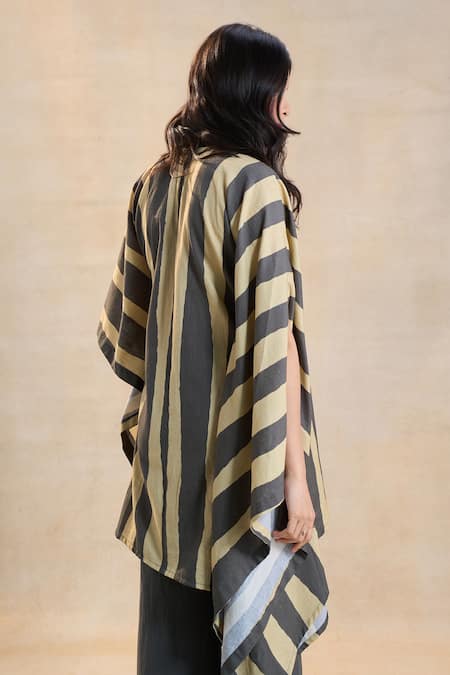Shop Vedika M Multi Color Linen Round Neck Striped Noon Kaftan Top at Aza Fashions Shop_Vedika M_Multi Color Linen Round Neck Striped Noon Kaftan Top _at_Aza_Fashions
