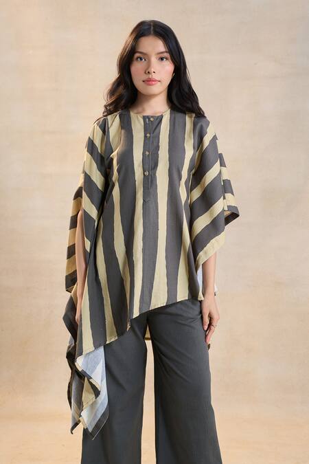 Buy Vedika M Multi Color Linen Round Neck Striped Noon Kaftan Top Online at Aza Fashions Buy_Vedika M_Multi Color Linen Round Neck Striped Noon Kaftan Top _Online_at_Aza_Fashions