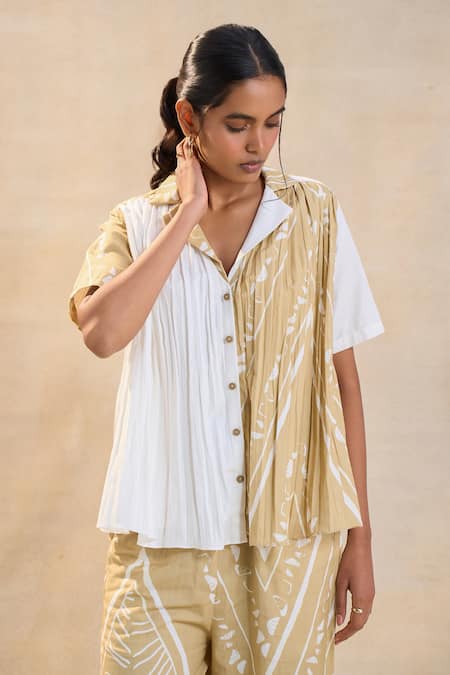 Vedika M Multi Color Linen Collared Chevron Shell Pleated Shirt 