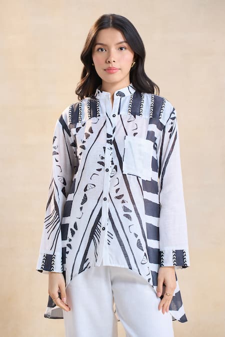 Vedika M Black Cotton, Linen Collared Chevron Shell Shirt 