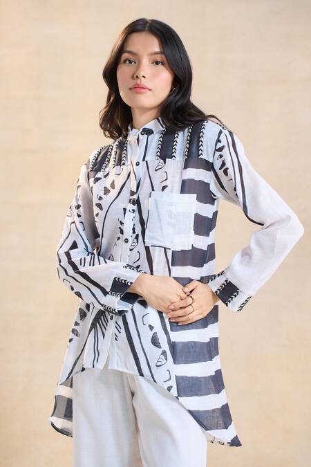Buy_Vedika M_Black Cotton, Linen Collared Chevron Shell Shirt _Online_at_Aza_Fashions
