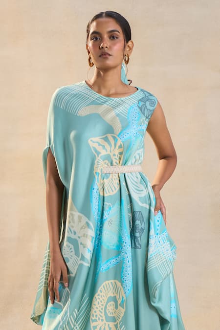 Vedika M Blue Asymmetric Ocean Draped Midi Dress Online at Aza Fashions Vedika M_Blue Asymmetric Ocean Draped Midi Dress _Online_at_Aza_Fashions