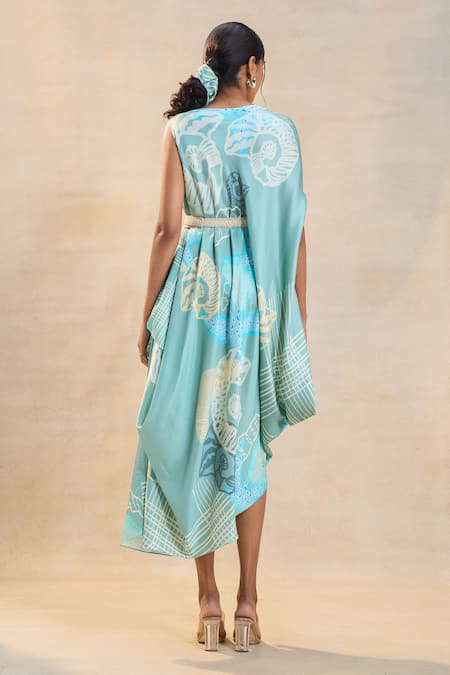 Shop Vedika M Blue Asymmetric Ocean Draped Midi Dress at Aza Fashions Shop_Vedika M_Blue Asymmetric Ocean Draped Midi Dress _at_Aza_Fashions